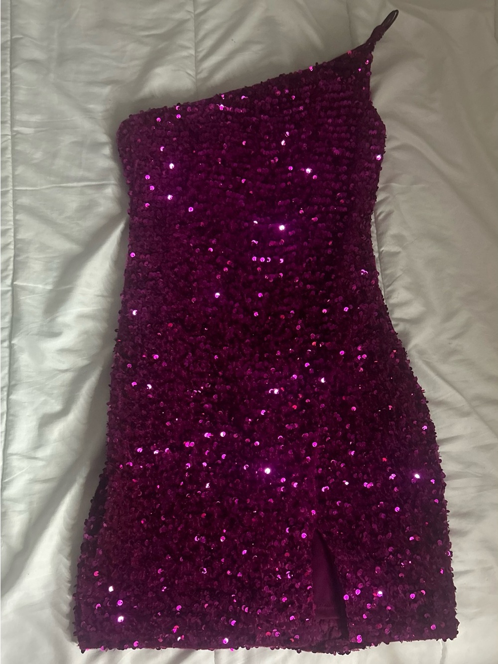 One-Shoulder Magenta Sequin Mini Dress -Crystal Doll